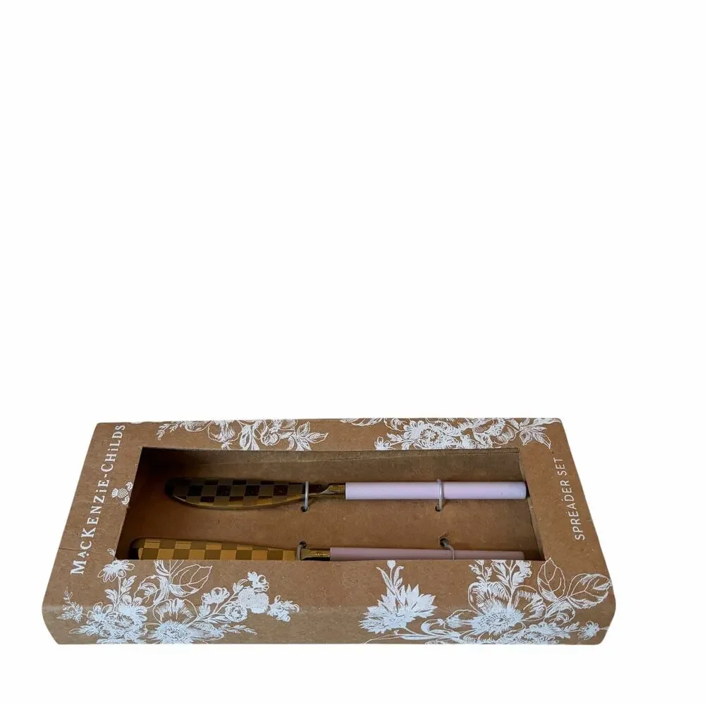NEW Mackenzie-Childs Black Spreader Set of 2 Black & Gold Checked